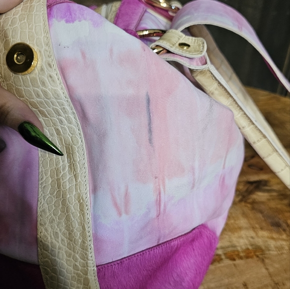 Sold Fabric & Cowhide Tie Dye Pink Satchel Handbag Purse - Picture 11 of 12